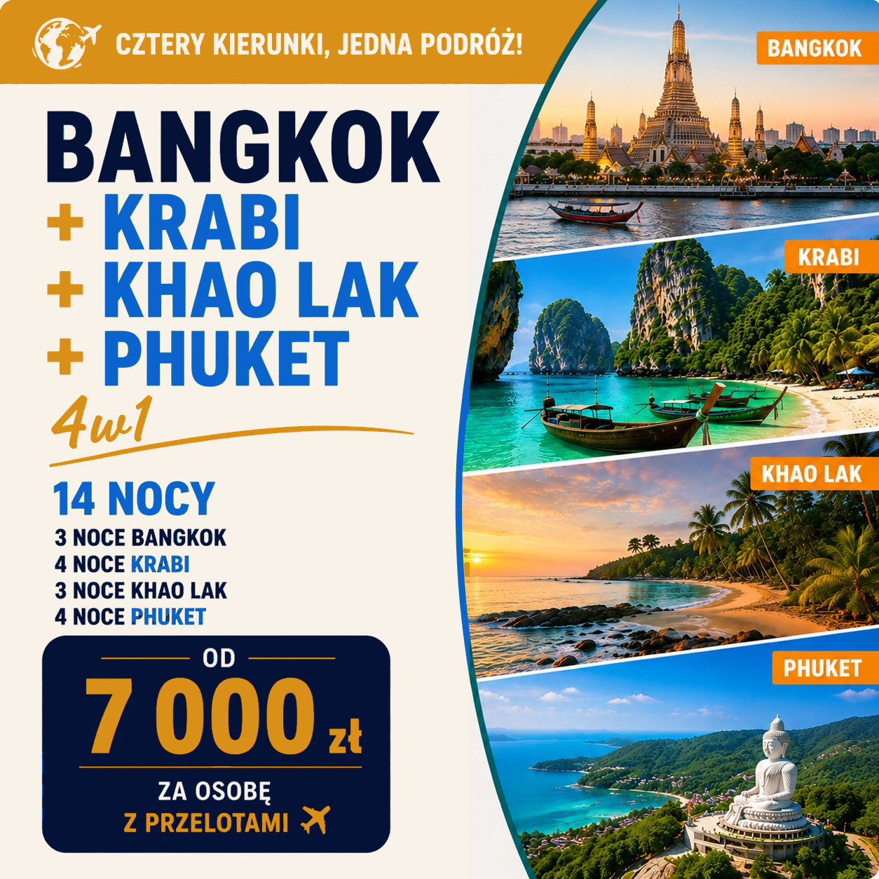 Grafika oferty Bangkok + Krabi + Khao Lak + Phuket, 14 nocy, od 7000 zł za osobę z przelotami